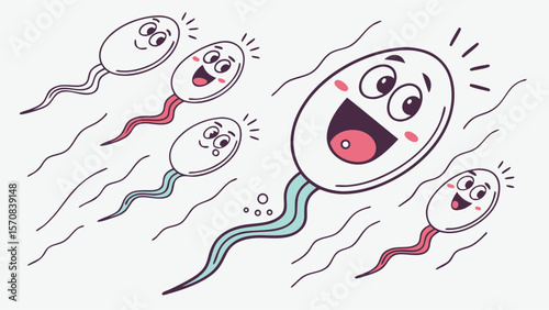 Joyful leading sperm in a microscopic race, a cute cartoon illustration of the conception process and fertilization.