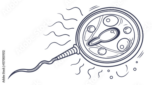 Microscopic view of conception. Line art illustration of a sperm cell penetrating an ovum for fertilization.