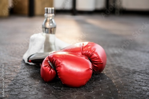 Boxing gloves with bottle on floor