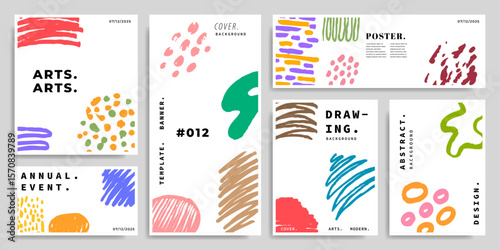 Abstract hand drawn poster design collection. Contemporary art cover template set. Freehand scribble background bundle.