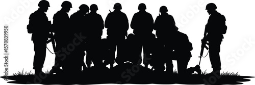 Silhouette of soldiers kneeling, honoring fallen comrade, military tribute moment, army brotherhood scene, armed forces respect, battlefield memory illustration, remembrance graphic concept.