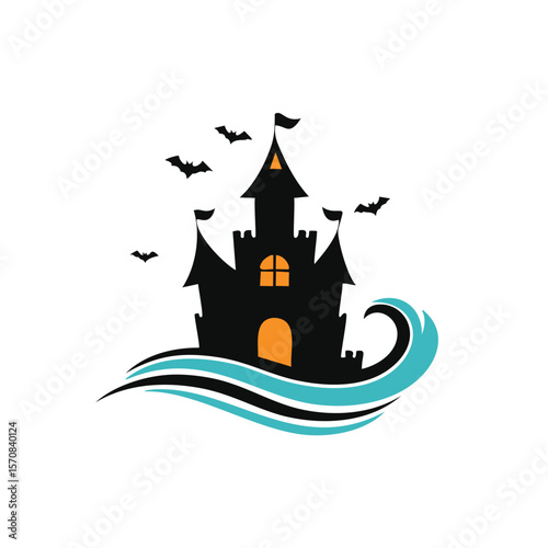 Black haunted castle with flying bats and waves halloween haunted house