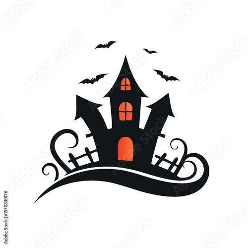 Black haunted house with bats and orange glow Halloween spooky