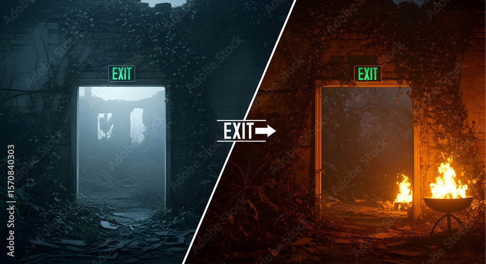Obraz premium Two Doors Representing Escape Hope Through Difficulties Concept Photography