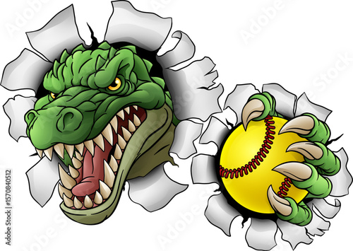 An alligator, crocodile or dinosaur softball or baseball animal sports mascot holding a ball in his claw