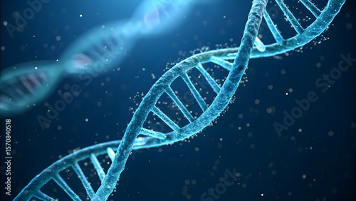 Scientific depiction of DNA strands illuminated in a blue and dark environment