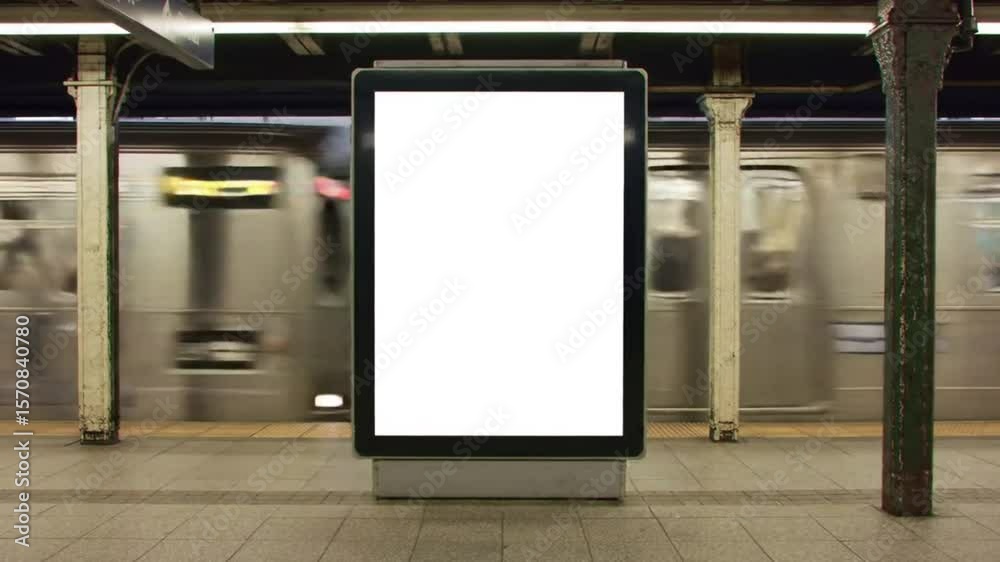 Blank billboard at subway station with a passing train behind it