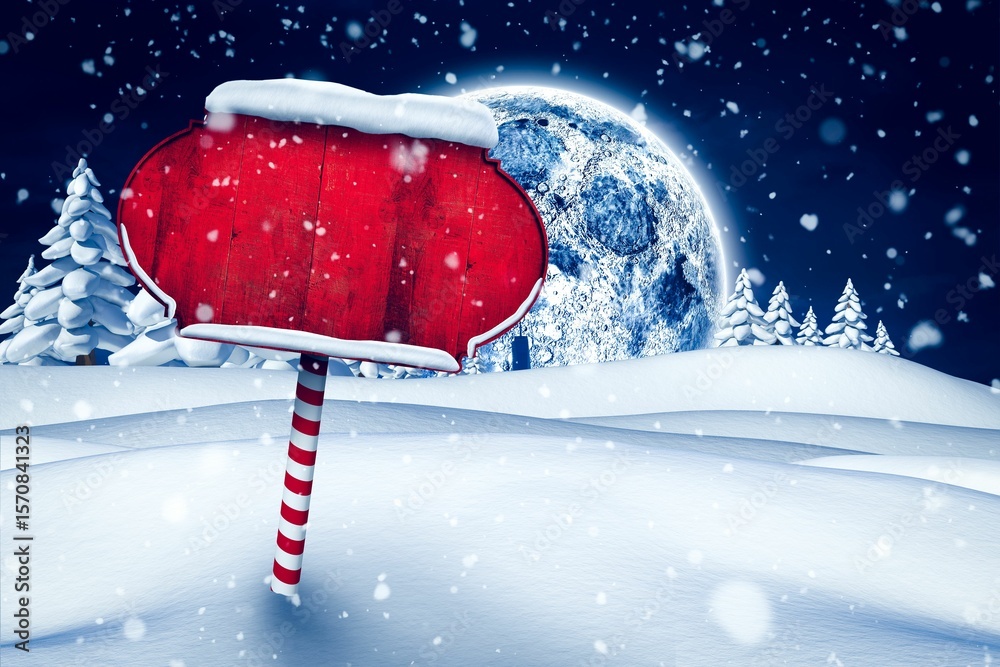 Naklejka premium Red signboard is sitting on striped pole in snow, flat design under full moon, pine trees