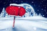 Red signboard is sitting on striped pole in snow, flat design under full moon, pine trees