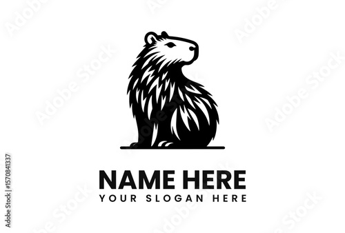 A stylized black and white illustration of a capybara sitting upright, looking to the side.
