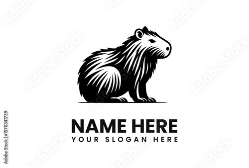 A stylized black and white capybara logo design, sitting calmly, ready for branding.