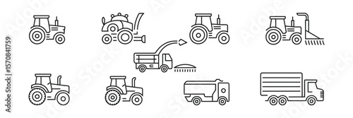 Agriculture Machines Line Icons, Farming Equipment Outline Illustration, Black on White