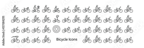 Bicycles Line Icons Set, Cyclists riding Bike, Minimalist Style Vector, Transparent BG