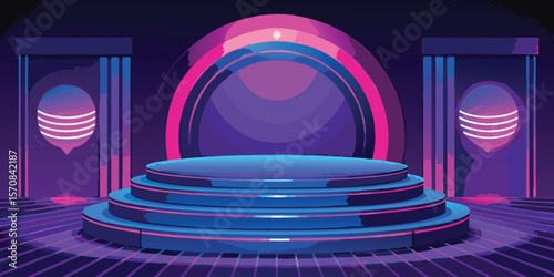 Futuristic stage with circular elements and neon accents