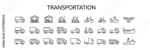 Black Outline Style of Vehicles, Warehouse, and Ships on a Transparent Background