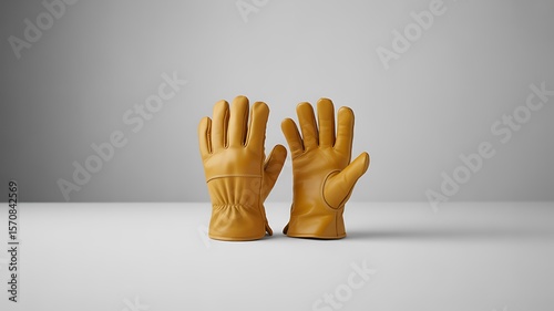 Pair of tan leather work gloves with elastic cuffs displayed on a white surface