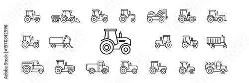 Black Outline Tractor, Trucks and Vehicles Isolated on White Background Icons Set