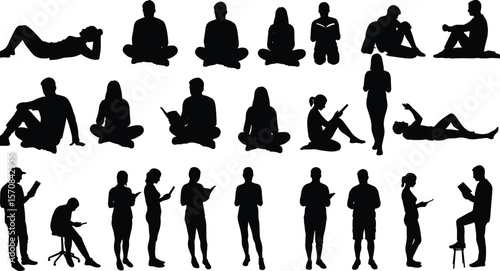 Silhouette people reading, sitting, standing, using tablet, holding book, relaxing, man and woman poses, modern lifestyle, vector set, education, digital concept.