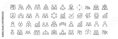 Business Teamwork Line Icons Collection on Transparent Background, Thin Style Pictograms