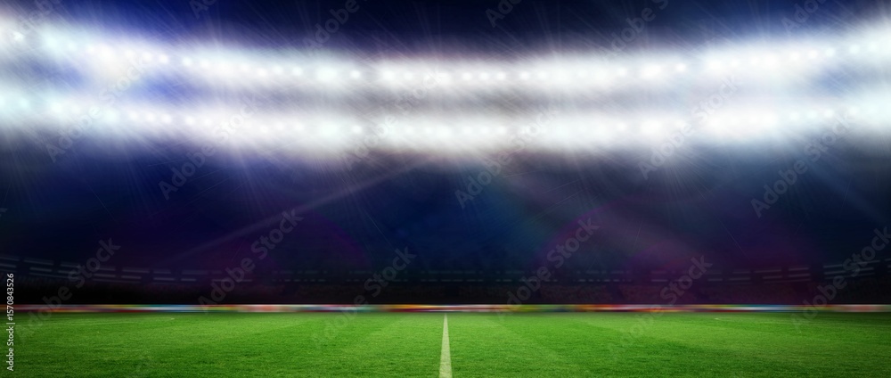 Obraz premium Flat design showing illuminated grass pitch under floodlights with white center line and stands