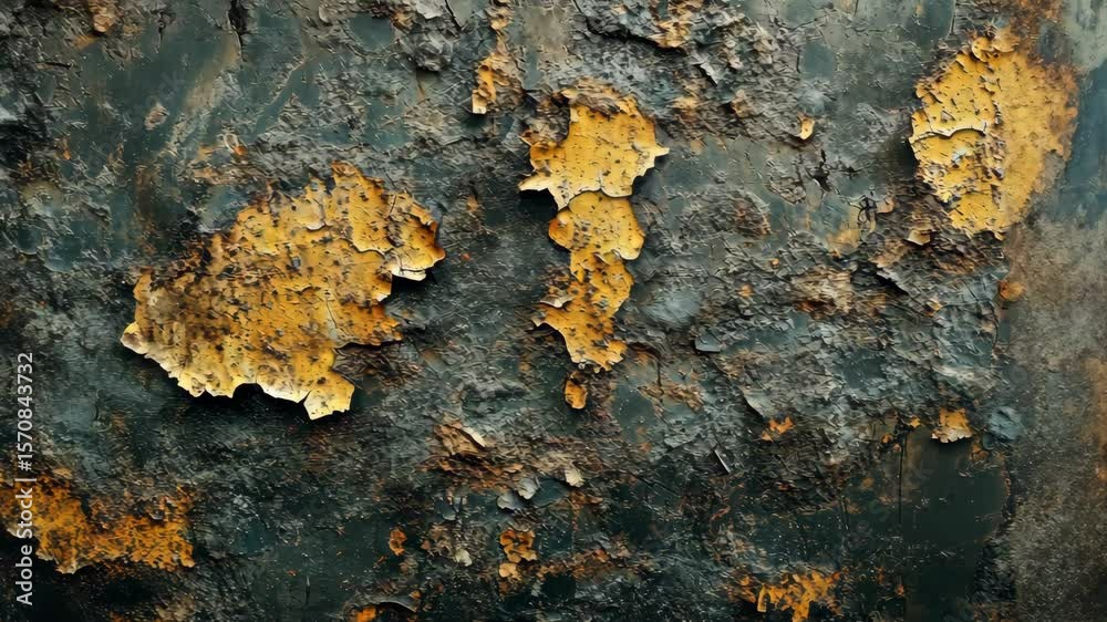 Close-up of weathered metal surface showing rust and peeling paint, suitable for texture backgrounds