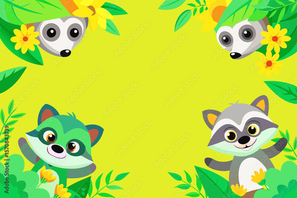 Naklejka premium Four children toy raccoons in a green yellow frame