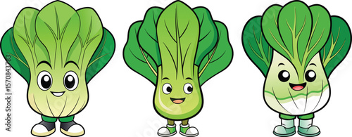 Three happy cartoon bok choy characters with smiling faces and wearing shoes standing against a white background
