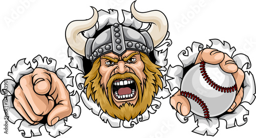 A Viking man holding Baseball ball and pointing sports team cartoon charcater mascot illustration.