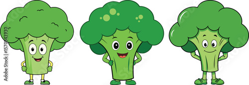 Three cute cartoon broccoli characters with happy expressions and different poses on a white background
