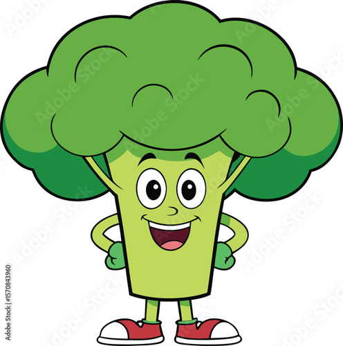 Happy cartoon broccoli character with a big smile and hands on hips wearing red sneakers