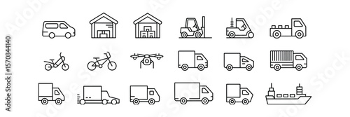 Delivery Logistics Icons Van, Warehouse, Forklift, Truck, Drone on Transparent