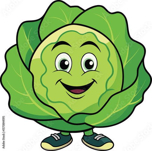 Happy cartoon cabbage character with big eyes and smiling face wearing sneakers standing isolated on white background