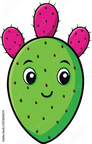 Cute cartoon prickly pear cactus character with pink fruit and a happy smiling face on a white background