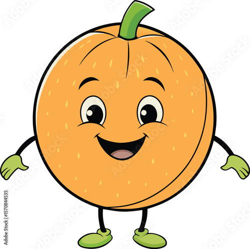 Cute cartoon cantaloupe character with a happy smiling face and green hands and feet isolated on white background