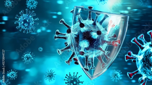 Artistic representation of a barrier designed to ward off viruses and bacteria at a microscopic level. 