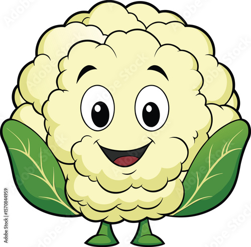 Happy cartoon cauliflower character with green leaves and legs smiling and waving cheerfully