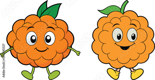 Two cheerful cartoon cloudberries with happy faces and green leaves stand on a white background