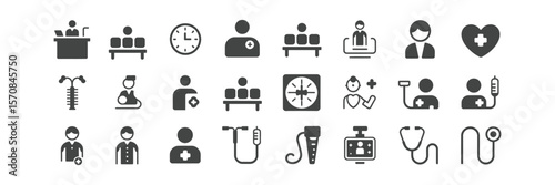 Glyph icons set depicting medical healthcare signs on transparent background