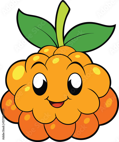 Cute cartoon cloudberry character with a happy face and green leaves on a white background