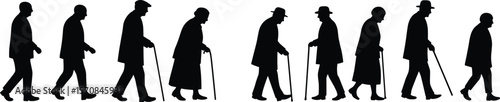 Aging process silhouette illustration, elderly people walking with cane, senior men and women, health decline, growing old concept, black vector art on white