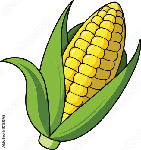 A vibrant cartoon illustration of a ripe ear of corn with bright yellow kernels and green husks against a white background