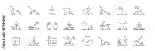 Gray Line Style Gardening Icons Set Plants, Lawn Mowers on Transparent Background
