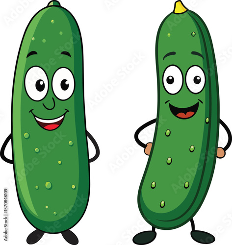 Two happy cartoon cucumbers with faces and arms standing against a white background