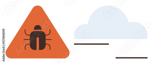 Bug alert inside triangle with cloud icon. Represents system vulnerability, online threats, and digital safety. Ideal for cybersecurity, malware, bug fixing, risk management, IT support data