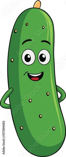 Happy cartoon pickle character with a friendly smile and arms at its sides isolated on white background