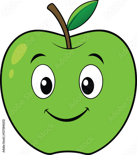 A cheerful cartoon green apple with big eyes and a wide smile isolated on a white background