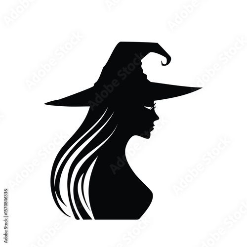 Silhouette of a witch with long flowing hair profile female