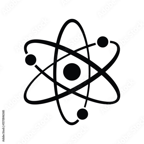 A simple black and white illustration of an atom symbol