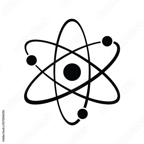 A simple black and white illustration of an atom symbol