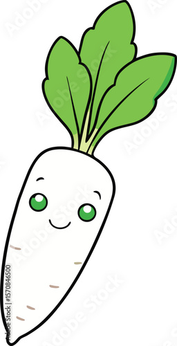 Cute cartoon daikon radish character with green leaves and a happy smiling face on a white background